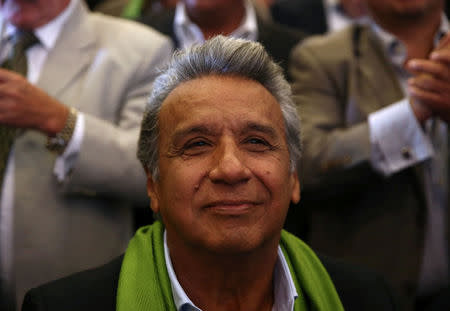 Ecuadorean presidential candidate Lenin Moreno gestures while waiting for the results of the national election in a hotel, in Quito, April 2, 2017. REUTERS/Mariana Bazo
