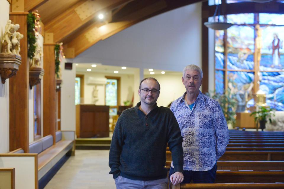 Michael Dubour, left, and Brian Michaelan lead a gay men's spirituality group at St. Peter the Apostle Church in Provincetown. The two men, photographed Jan. 14 at the church, welcome the Dec. 18 announcement by the Vatican that Catholic priests can bless same-sex couples.