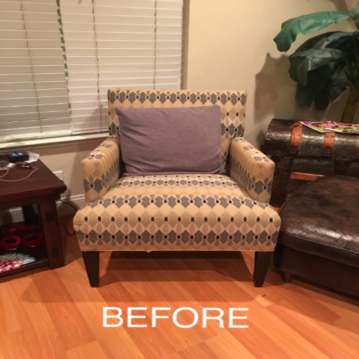 A before photo of a chair with a pattern that seems outdated