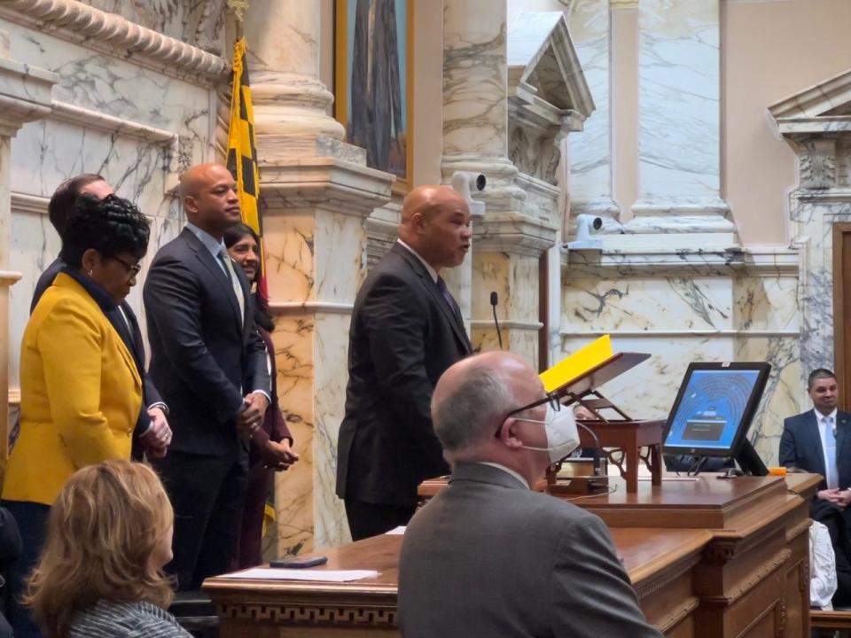 Treasurer Dereck Davis speaks after being sworn in as the state's 24th treasurer on February 21, 2023. Davis, elected to a four-year term, had finished out the previous treasurer's term, starting in December 2021.