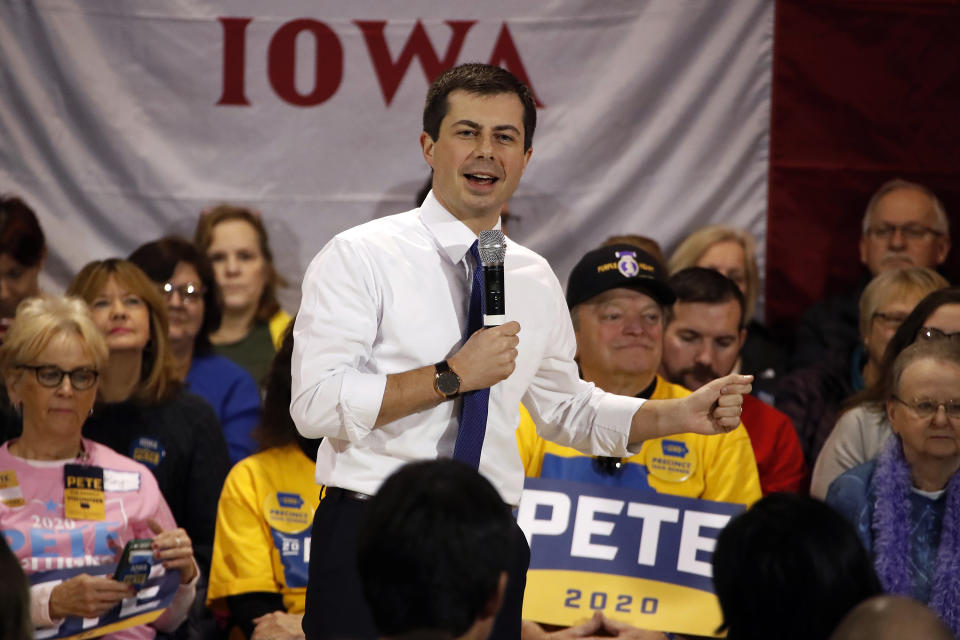 Democratic presidential candidate former South Bend, Ind., Mayor Pete Buttigieg, speaks at a town hall meeting in Fort Dodge, Iowa, Saturday, Jan. 25, 2020. (AP Photo/Gene J. Puskar)