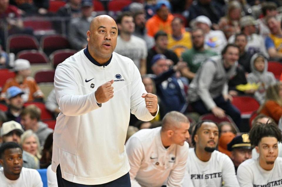 Penn State Nittany Lions head coach Micah Shrewsberry instructs his team against the Texas A&M Aggies during the first half at Wells Fargo Arena.