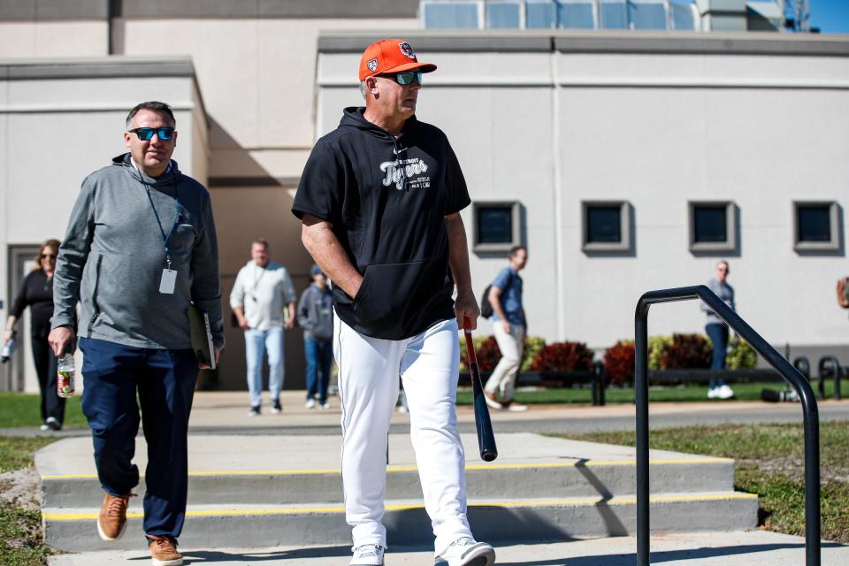 Detroit Tigers manager A.J. Hinch walks towards the practice field during spring training at Tigertown in Lakeland, Fla. on Wednesday, Feb. 14, 2024.