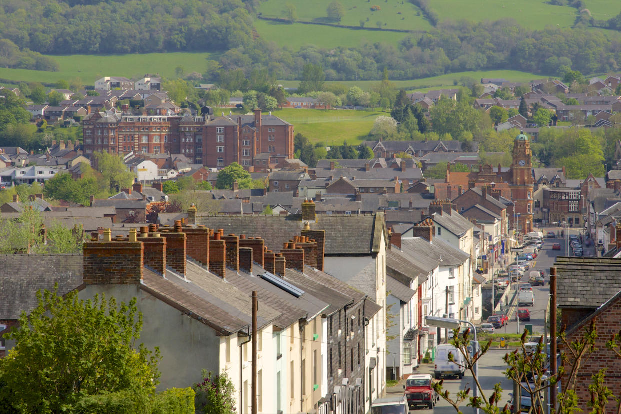Powys, Newtown, view over town centre to countryside beyond. house price