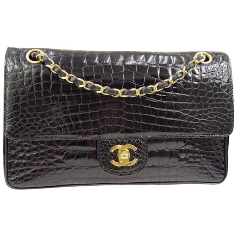 Chanel Black Crocodile Exotic Leather Gold Double Evening Shoulder Flap Bag For Sale at 1stDibs | chanel exotic bag