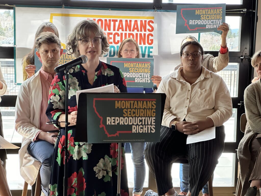 Martha Fuller, CEO and president of Planned Parenthood Advocates of Montana, addresses supporters at Montanans Securing Reproductive Rights' kick-off event for CI-128 in Helena on Tuesday, April 16, 2024. (Photo by Blair Miller, Daily Montanan)