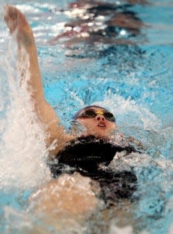 BNL junior captain Bella Held handles the backstroke leg of the 200 medley relay against Edgewood.