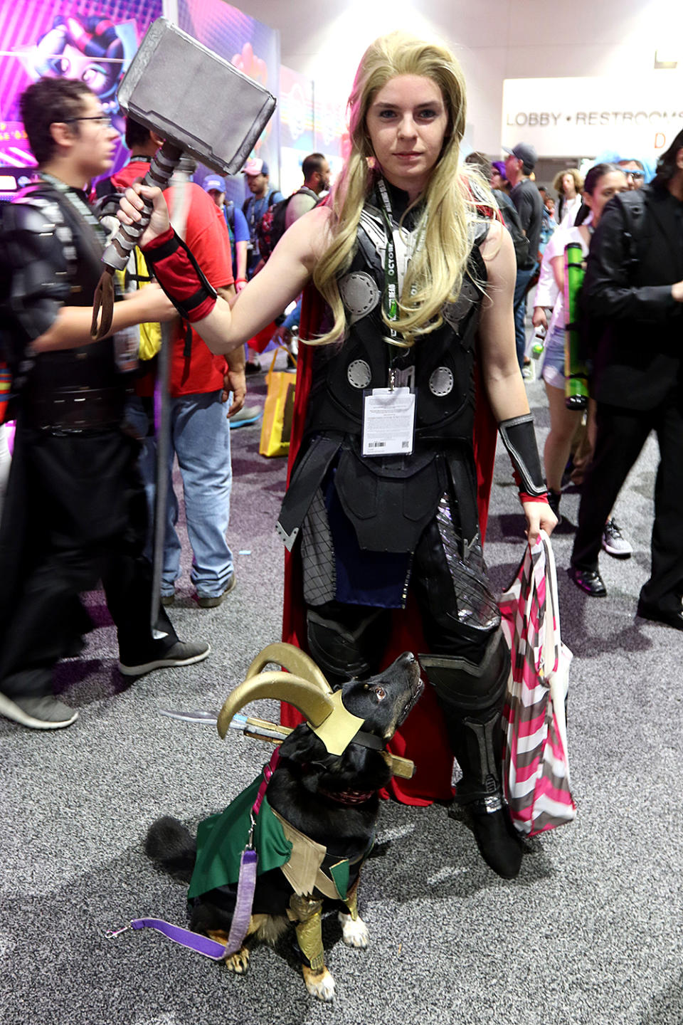 <p>Cosplayer dressed as Thor and dog dressed as Loki at Comic-Con International on July 21, 2018, in San Diego. (Photo: Angela Kim/Yahoo Entertainment) </p>