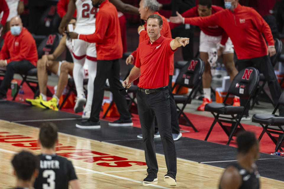 Nebraska head coach Fred Hoiberg points down court in the first half against Michigan State during an NCAA college basketball game on Saturday, Jan., 2, 2021, in Lincoln, Neb. (AP Photo/John Peterson)