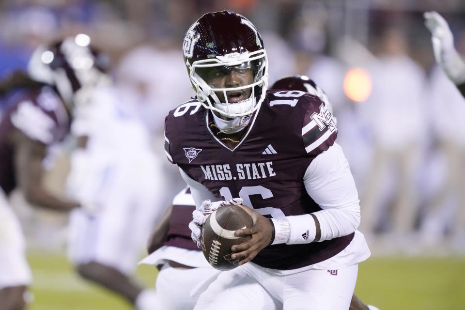Mississippi State quarterback Chris Parson (16) looks to hand the ball off during the second half of the team's NCAA college football game against Kentucky in Starkville, Miss., Saturday, Nov. 4, 2023. (AP Photo/Rogelio V. Solis)