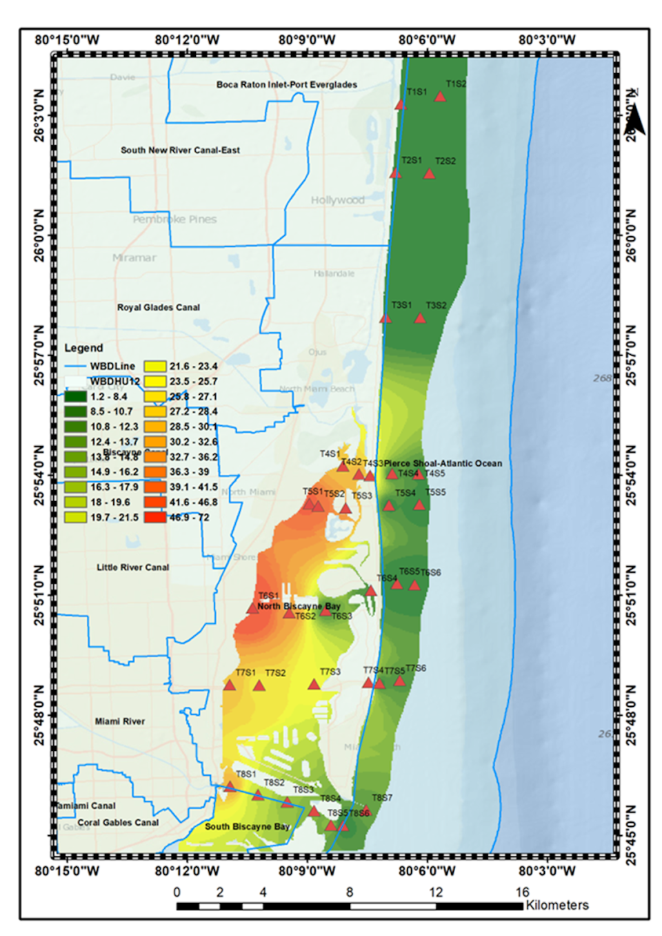 Map of the Bay of Biscayne in Miami and nearby coastal areas sampled.  The hot spots stand out clearly near the canal exits.