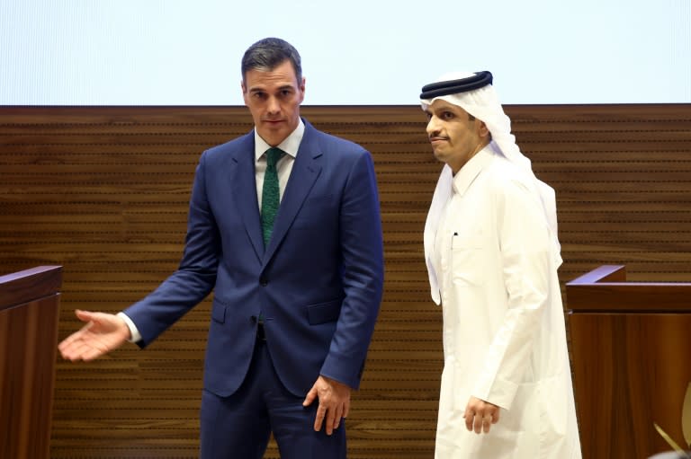 Spanish Prime Minister Pedro Sanchez and his Qatari counterpart Sheikh Mohammed bin Abdulrahman bin Jassim al-Thani give a joint press conference in Doha (KARIM JAAFAR)