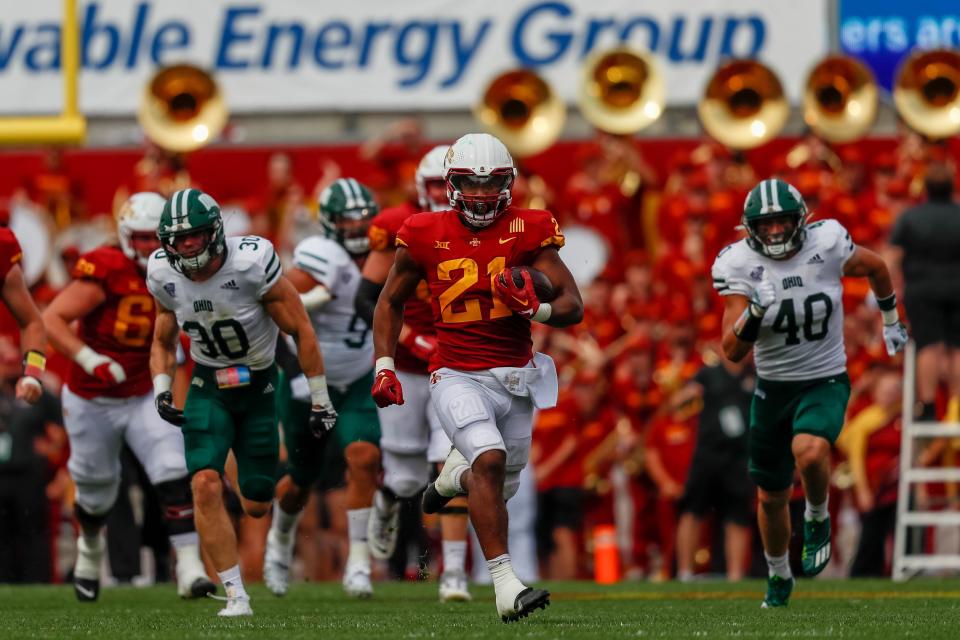 Iowa State running back Jirehl Brock (22) runs down the field during ISU's win over Ohio