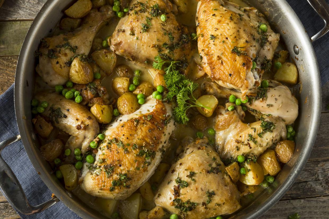 Homemade Baked Chicken Vesuvio with Peas and Potatoes