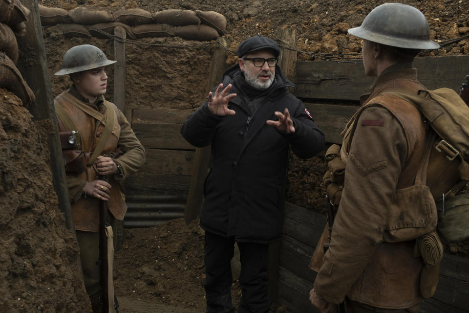 Sam Mendes in the trenches on the set of '1917.' | François Duhamel—© 2019 Universal Pictures and Storyteller Distribution Co., LLC. All Rights Reserved.