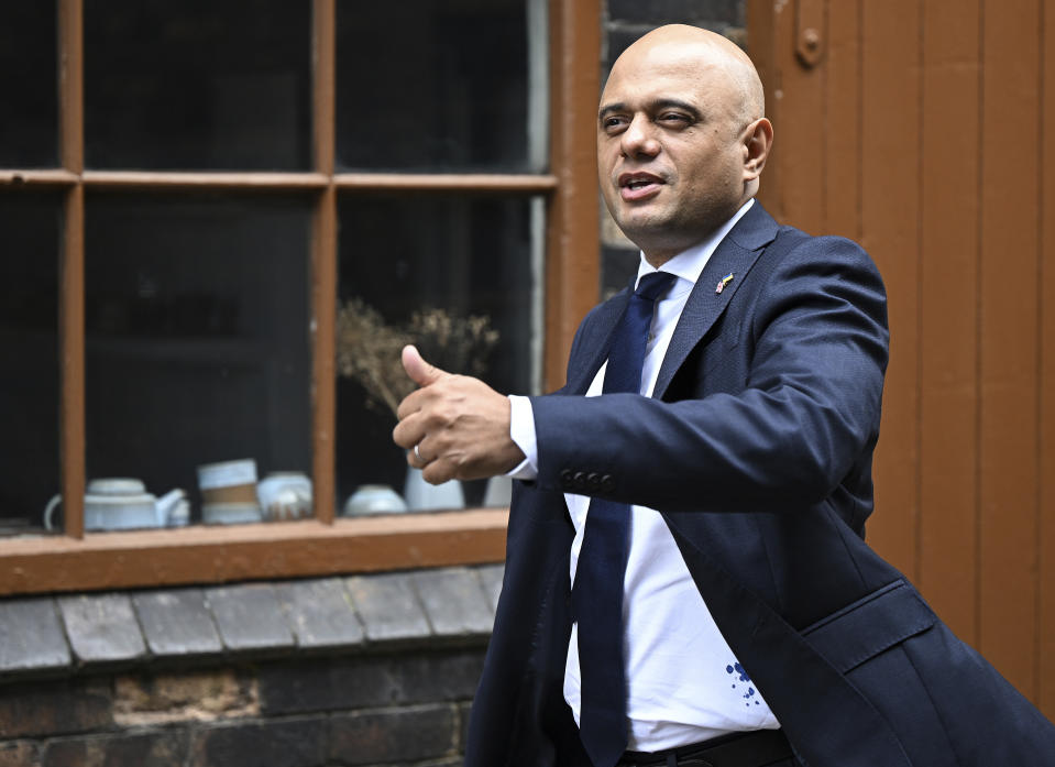 FILE - Britain's Health Secretary Sajid Javid arrives for a Cabinet meeting at a pottery in Stoke-on-Trent, England, Thursday, May 12, 2022. British Prime Minister Boris Johnson managed to see off a no-confidence vote from his own Conservative Party — but the result dealt a heavy blow to his authority, and questions are already being asked over who could succeed him. (Oli Scarff/Pool Photo via AP, File)