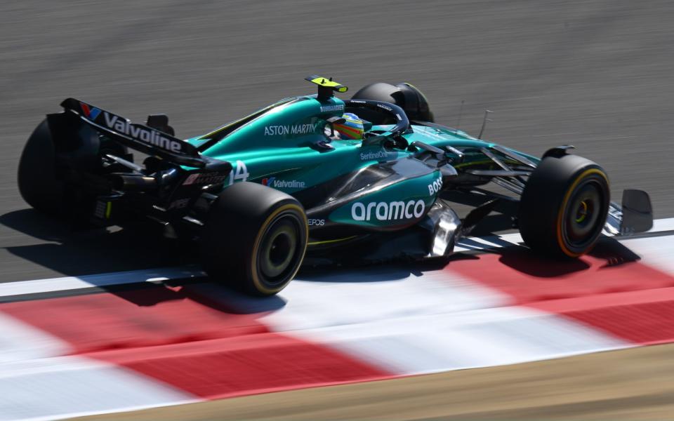 Fernando Alonso of Spain driving the (14) Aston Martin AMR24 Mercedes on track during day two of F1 Testing at Bahrain International Circuit on February 22, 2024 in Bahrain, Bahrain.