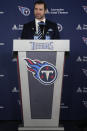 Tennessee Titans new head football coach Brian Callahan speaks during his introductory news conference at the NFL team's training facility Thursday, Jan. 25, 2024, in Nashville, Tenn. (AP Photo/George Walker IV)