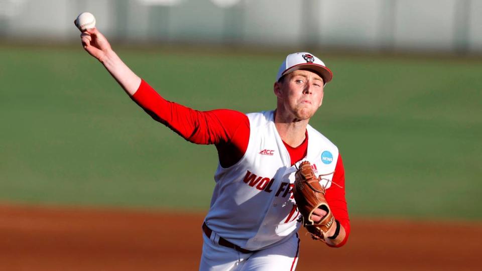 N.C. State’s Sam HIghfill (17) pitches in the first inning during N.C. State’s game against Bryant in the NCAA Raleigh Regional at Doak Field Friday, May 31, 2024.