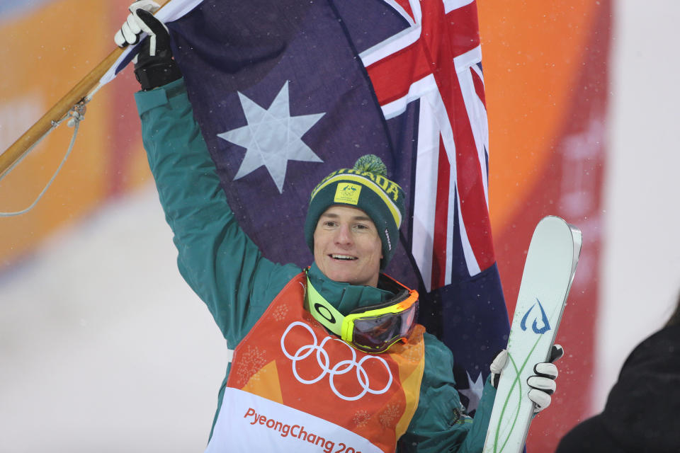 Matt Graham of Australia celebrates his silver medal in the Freestyle Skiing Men's Moguls competition on Feb. 12, 2018. | Tim Clayton—Corbis/Getty Images: