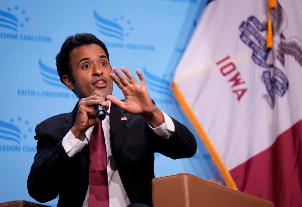 Republican presidential candidate businessman Vivek Ramaswamy speaks at the Iowa Faith & Freedom Coalition's fall banquet, Saturday, Sept. 16, 2023, in Des Moines, Iowa. (AP Photo/Bryon Houlgrave)