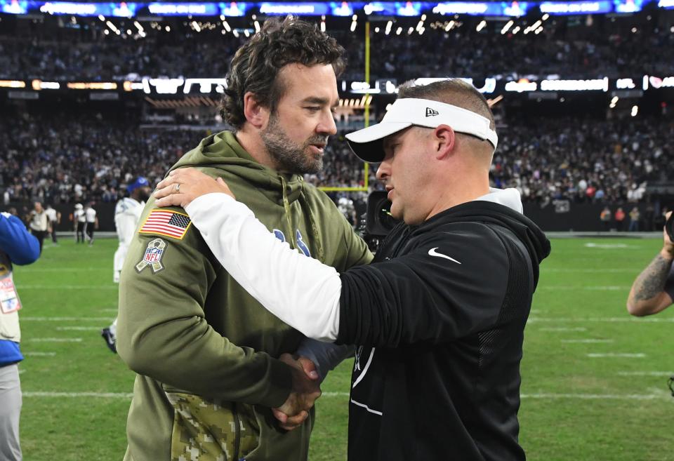 LAS VEGAS, NEVADA - NOVEMBER 13: Head coach Jeff Saturday of the Indianapolis Colts and head coach Josh McDaniels embrace after the game at Allegiant Stadium on November 13, 2022 in Las Vegas, Nevada. (Photo by Sam Morris/Getty Images)