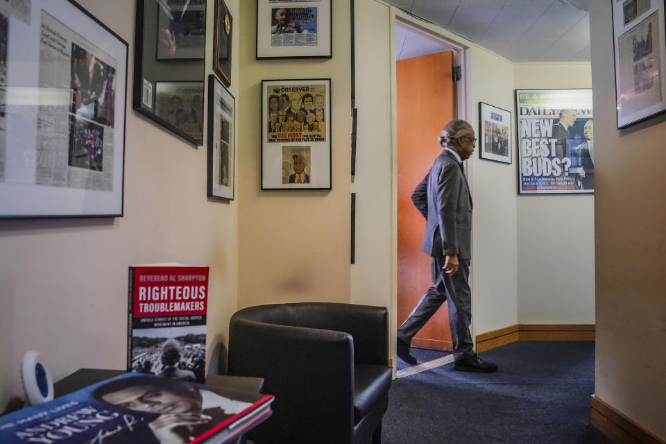 The Rev. Al Sharpton, who will participate in the 60th anniversary of the March on Washington on Aug. 26, leaves his office for an interview about the event, Monday July 31, 2023, in New York. 2023 is at least the third time that Sharpton has organized a commemoration of the Aug. 28, 1963 March on Washington. (AP Photo/Bebeto Matthews)