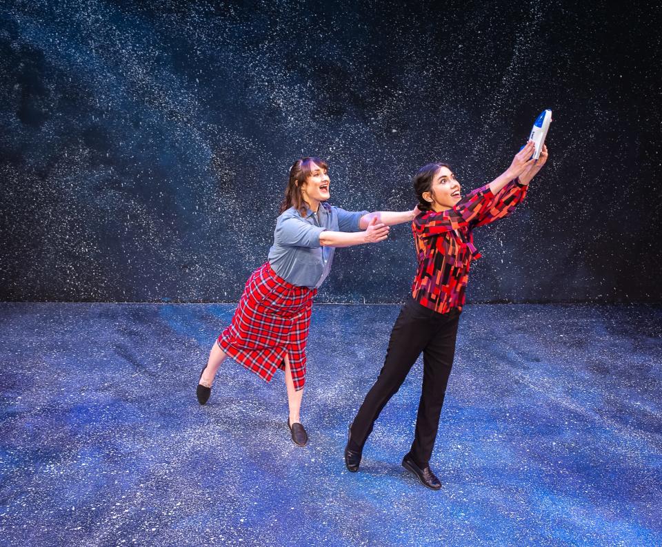 Marley Hoggatt and Jennifer McClellan rehearse a scene from the Amarillo Little Theatre Adventure Space production of  "Defying Gravity."