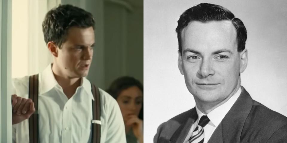 Jack Quaid as Professor Richard P. Feynman in "Oppenheimer" vs. a black and white portrait of Feynman.