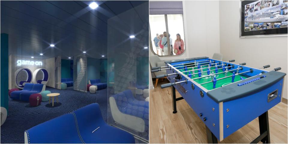 composite of rendering of a game room next to a photo of foosball