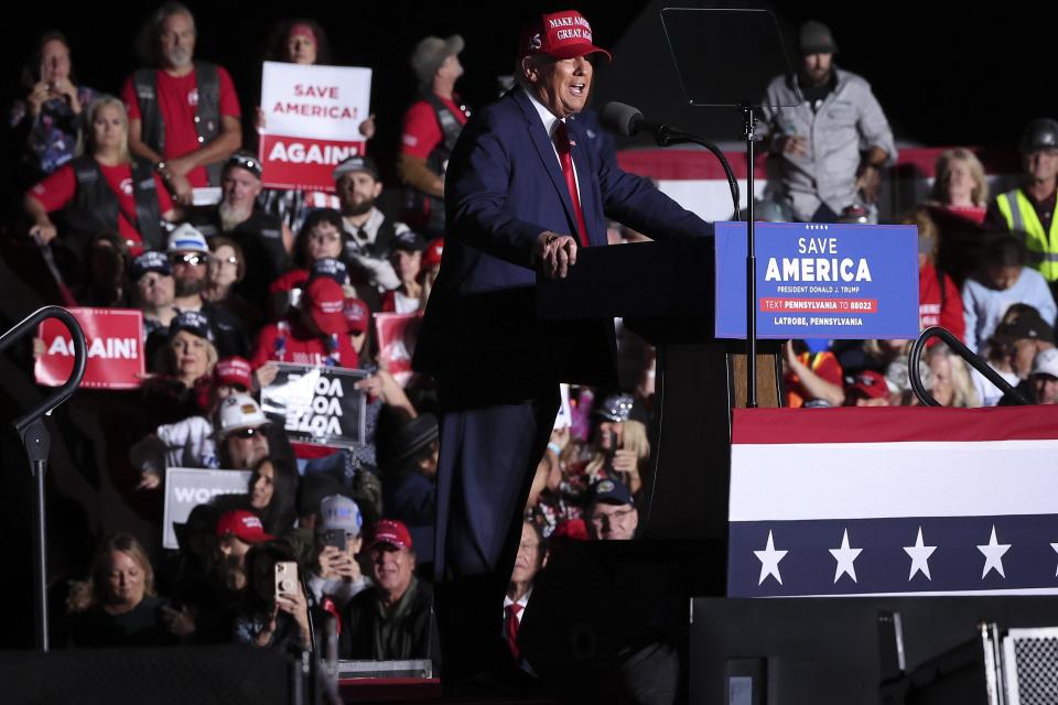 Former President Donald Trump speaks during a rally for Senate candidate Mehmet Oz at the Arnold Palmer Regional Airport November 5, 2022 in Latrobe, Pa.  (Win McNamee / Getty Images)