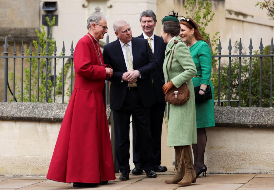 Princess Anne, Sir Tim, Sarah Ferguson and the Duke of York leave after attending the Easter Mattins service (Getty)