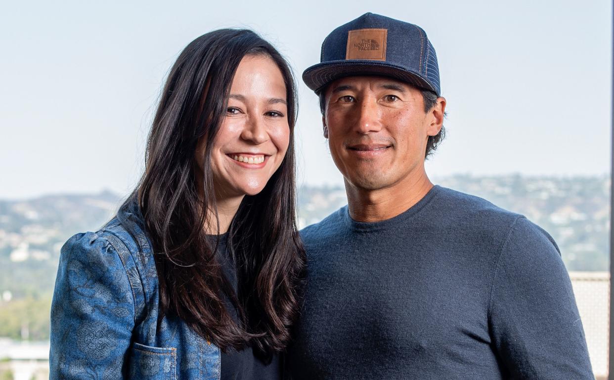 Filmmakers Chai Vasarhelyi (L) and Jimmy Chin pose during the press day for their new documentary 