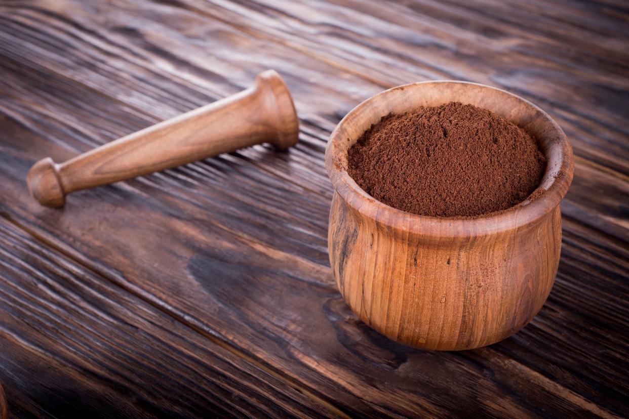 Easy Coffee Rub with coffee in wooden mortar and pestle