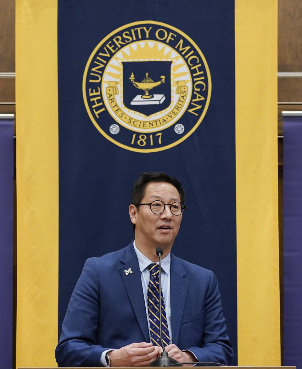 Santa Ono addresses the media after being introduced as the new president of the University of Michigan, Wednesday, July 13, 2022, in Ann Arbor, Mich. Ono becomes UM's 15th president and its first minority and Asian chief executive — the son of Japanese immigrants who came to the United States after World War II. The 59-year-old Ono has led the University of British Columbia for nearly six years after guiding the University of Cincinnati for four years. (AP Photo/Carlos Osorio)