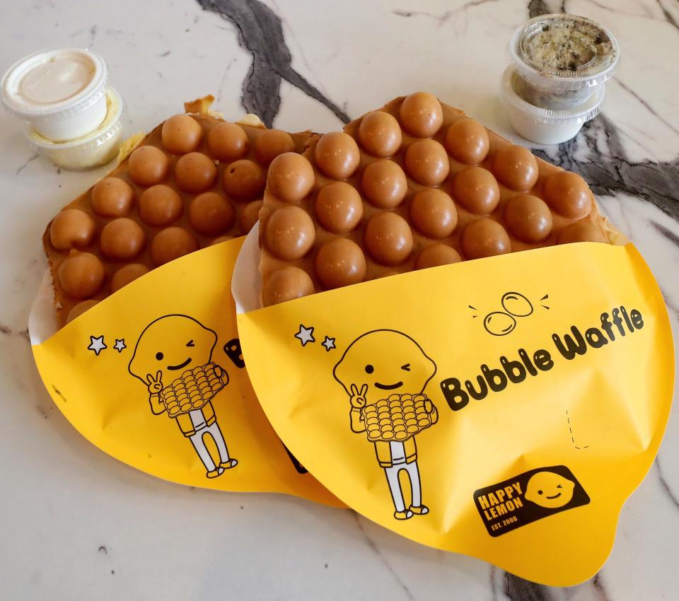 Bubble waffles and dipping sauces at Happy Lemon in Silverdale on Monday, Aug. 7, 2023.