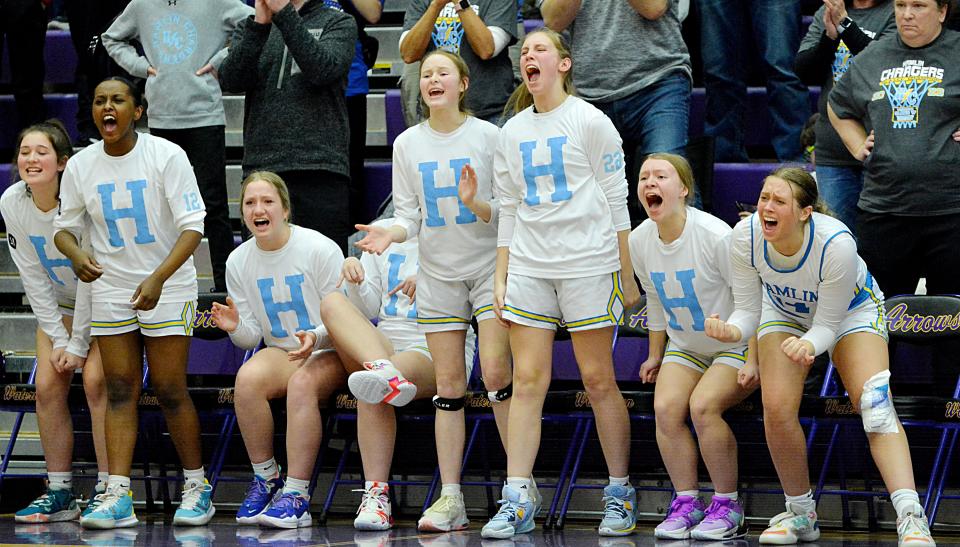 Hamlin basketball players cheer on from the sidelines in the closing seconds of the Chargers' championship win over Wagner during the state Class A girls basketball tournament on Saturday, March 11, 2023 in the Watertown Civic Arena.