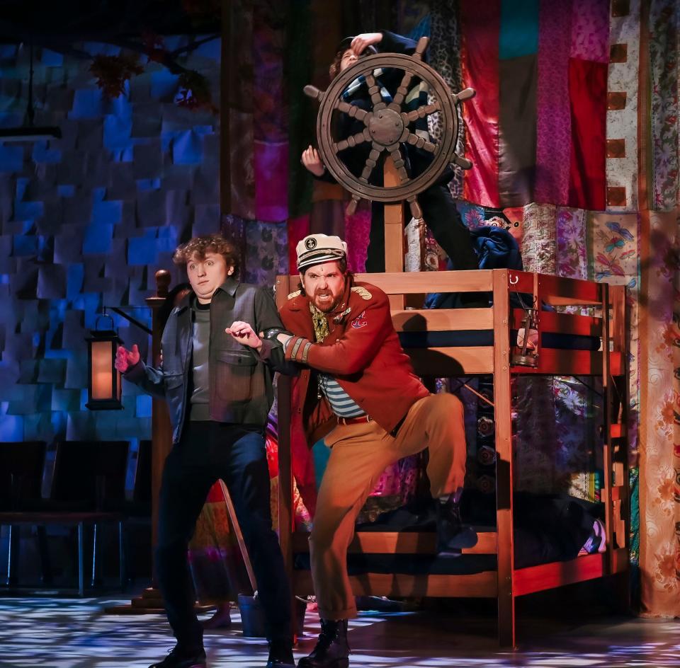 From left, Logan Corley, Matthew Alvin Brown and Riley McCool perform in Lyric Theatre's production of the new musical "King of Pangaea."