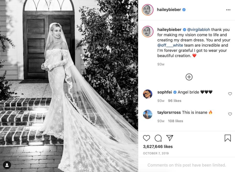 Hailey Bieber wore an Off-White gown on her wedding day.