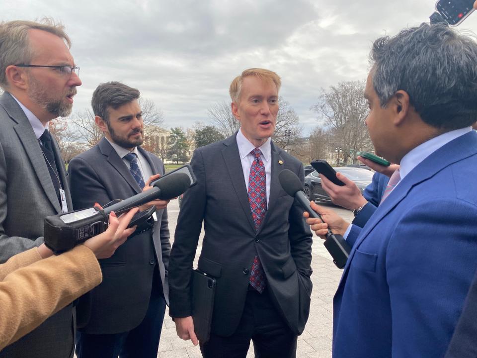 U.S. Sen. James Lankford speaks to the media outside the U.S. Capitol on Thursday.