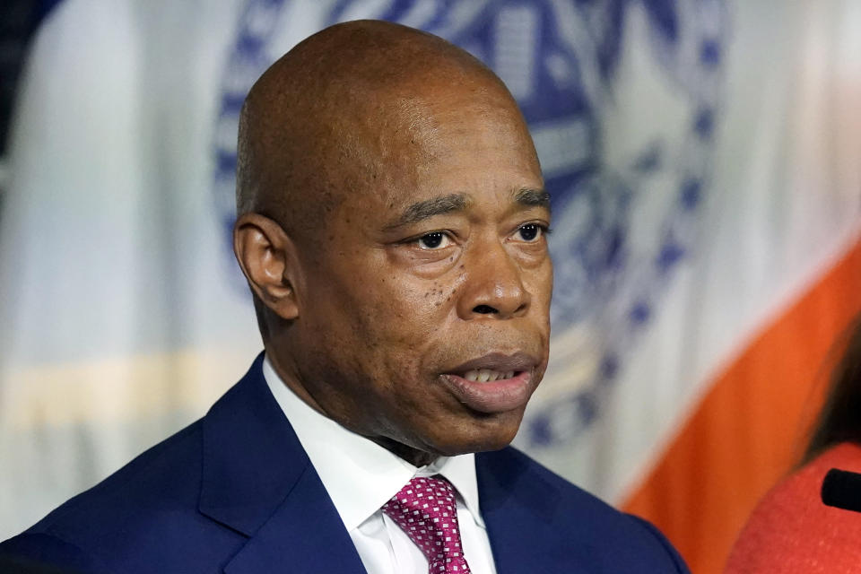 FILE - New York Mayor Eric Adams responds to questions during a news conference at New York's City Hall, Nov. 14, 2023. Federal agents raided a home owned by a top advisor to Adams on Thursday, Feb. 29, 2024. An FBI spokesperson confirmed that federal agents carried out a raid at a Bronx address. Records show the property is owned by Winnie Greco, a longtime fundraiser for Adams who has served as a special advisor and director of Asian Affairs since he took office two years ago. (AP Photo/Richard Drew, File)