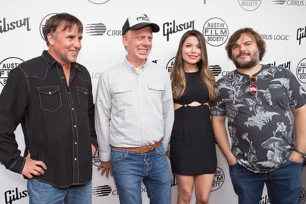 Richard Linklater with School Of Rock stars Mike White, Miranda Cosgrove and Jack Black in 2013