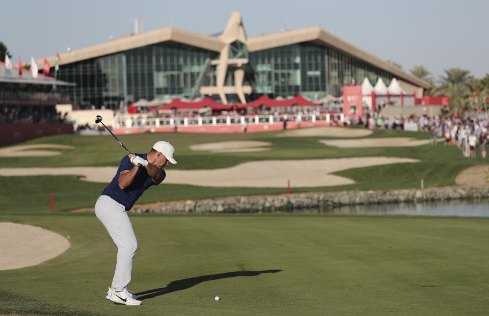 Brooks Koepka from the U.S. plays a shot on the 18th fairway during the second round of the Abu Dhabi Championship golf tournament in Abu Dhabi, United Arab Emirates, Friday, Jan. 17, 2020. (AP Photo/Kamran Jebreili)