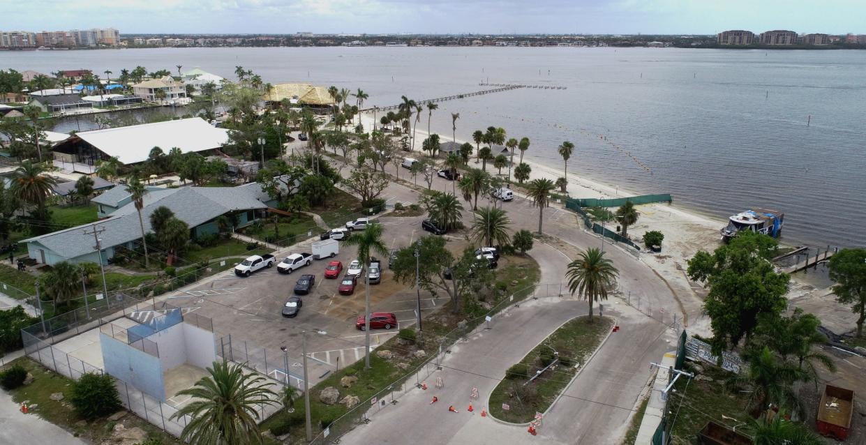 This aerial view of the Cape Coral Yacht Club photographed on Tuesday, June 6, 2023, shows the current state of the facility after suffering the impact of Hurricane Ian.