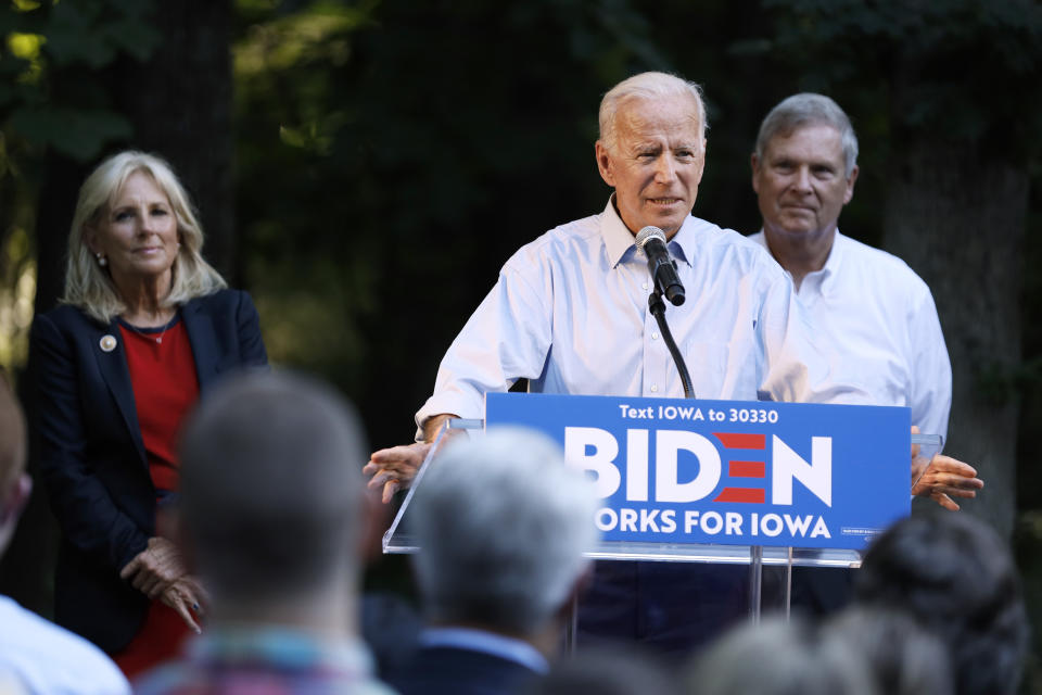 Former Vice President and Democratic presidential candidate Joe Biden speaks during a house party at former Agriculture Secretary Tom Vilsack's house, Monday, July 15, 2019, in Waukee, Iowa. (AP Photo/Charlie Neibergall)