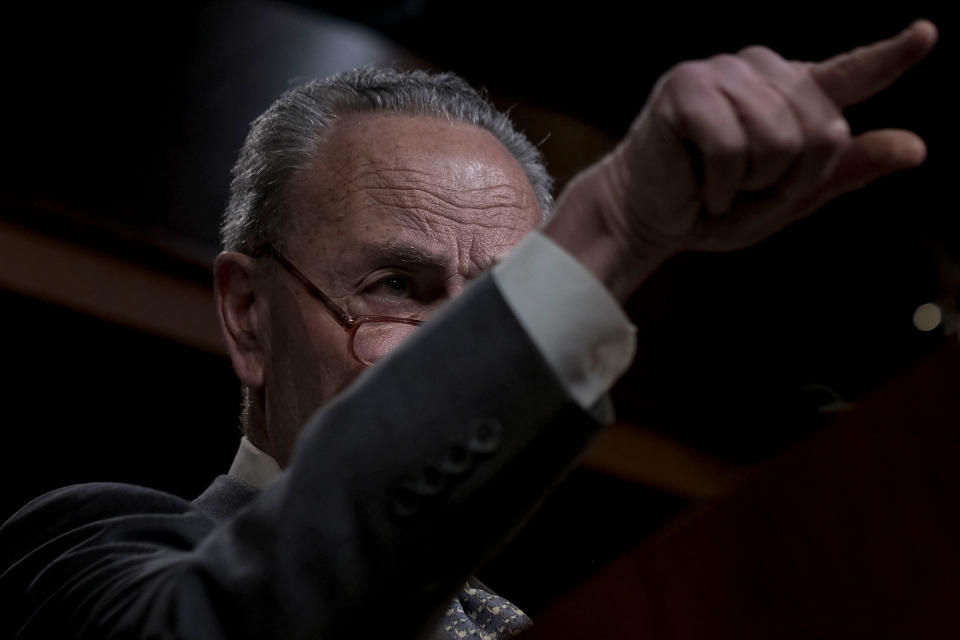 Senate Minority Leader Chuck Schumer (D-N.Y.) speaks to reporters at a press conference at the Capitol in Washington, D.C. on Jan. 27, 2020. Gabriella Demczuk / TIME | Gabriella Demczuk for TIME