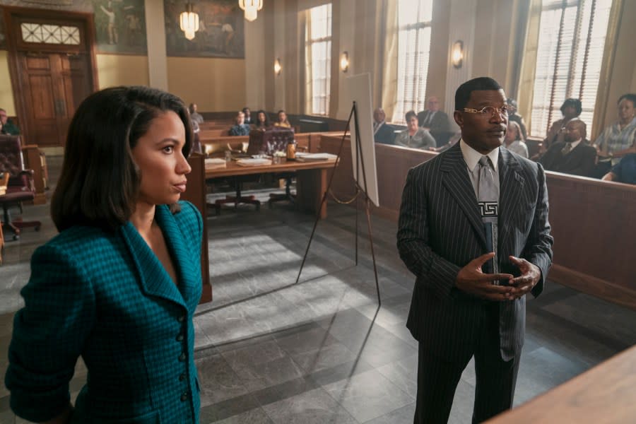 Jurnee Smollett (left) as Mame Downes and Jamie Foxx as Willie Gary share a scene in “The Burial,” which hits Prime Video next month. (Photo: Skip Bolen © Amazon Content Services LLC)