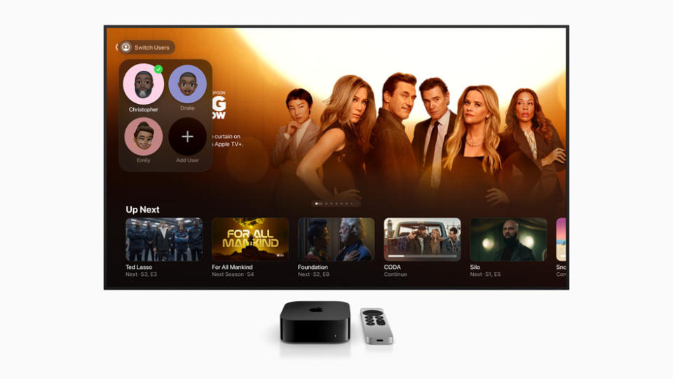 The Apple TV app, featureing several user profiles in the sidebar.