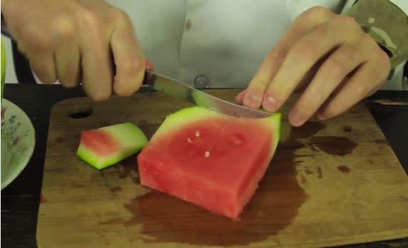 By chopping off the edges of a watermelon wedge, you've made the best, most logical watermelon slice the world has ever known. 