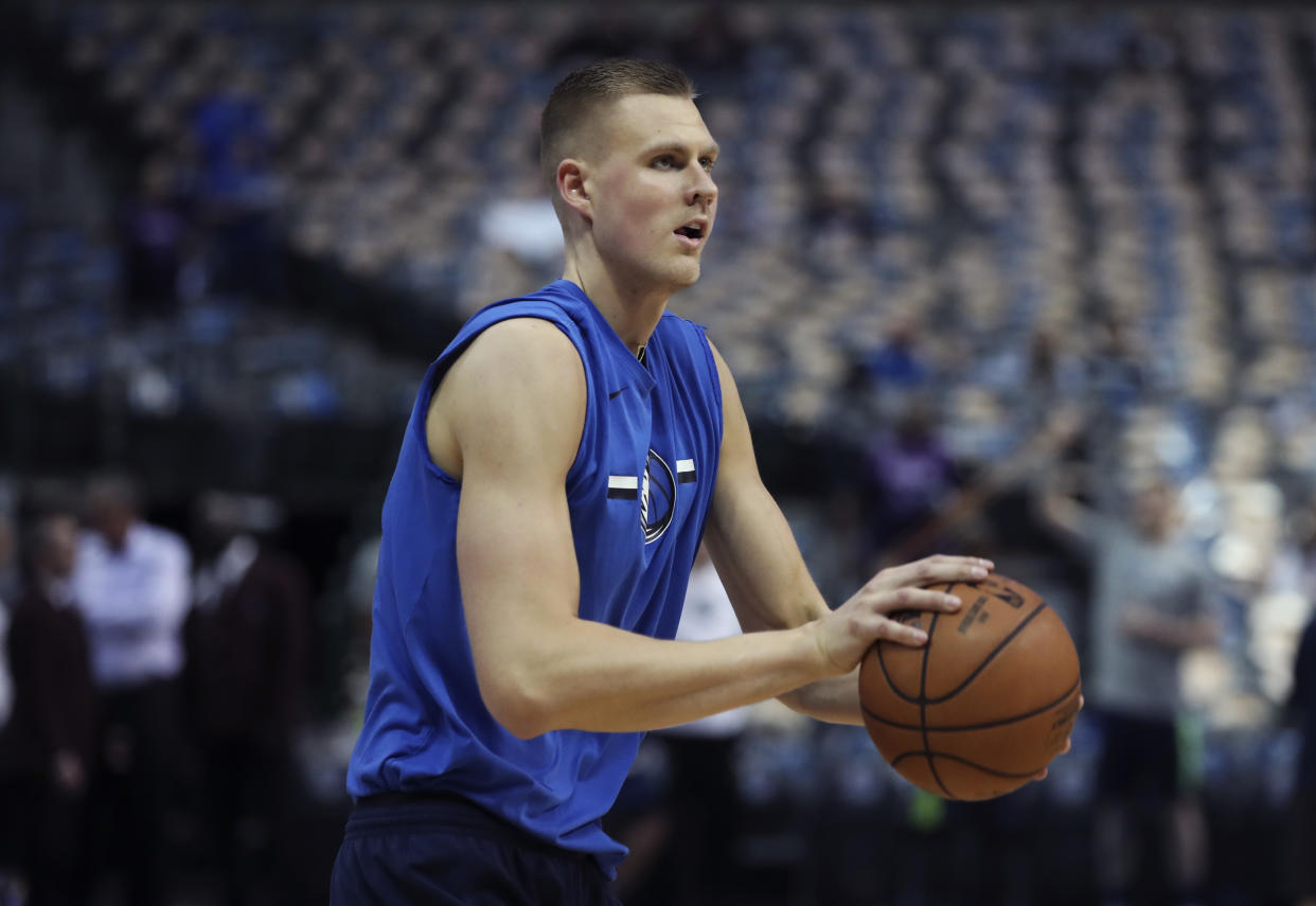 Apr 3, 2019; Dallas, TX, USA; Dallas Mavericks forward Kristaps Porzingis practices before the game against the Minnesota Timberwolves  at American Airlines Center. Mandatory Credit: Kevin Jairaj-USA TODAY Sports